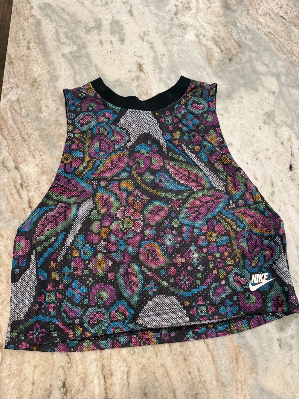 Nike Women's Mesh Multicolor Floral Mesh Crop Top with Black Trim Medium